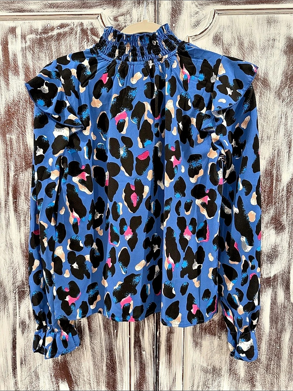 SHEIN Animal Print Smocked Blouse in Blue & Black Size Small